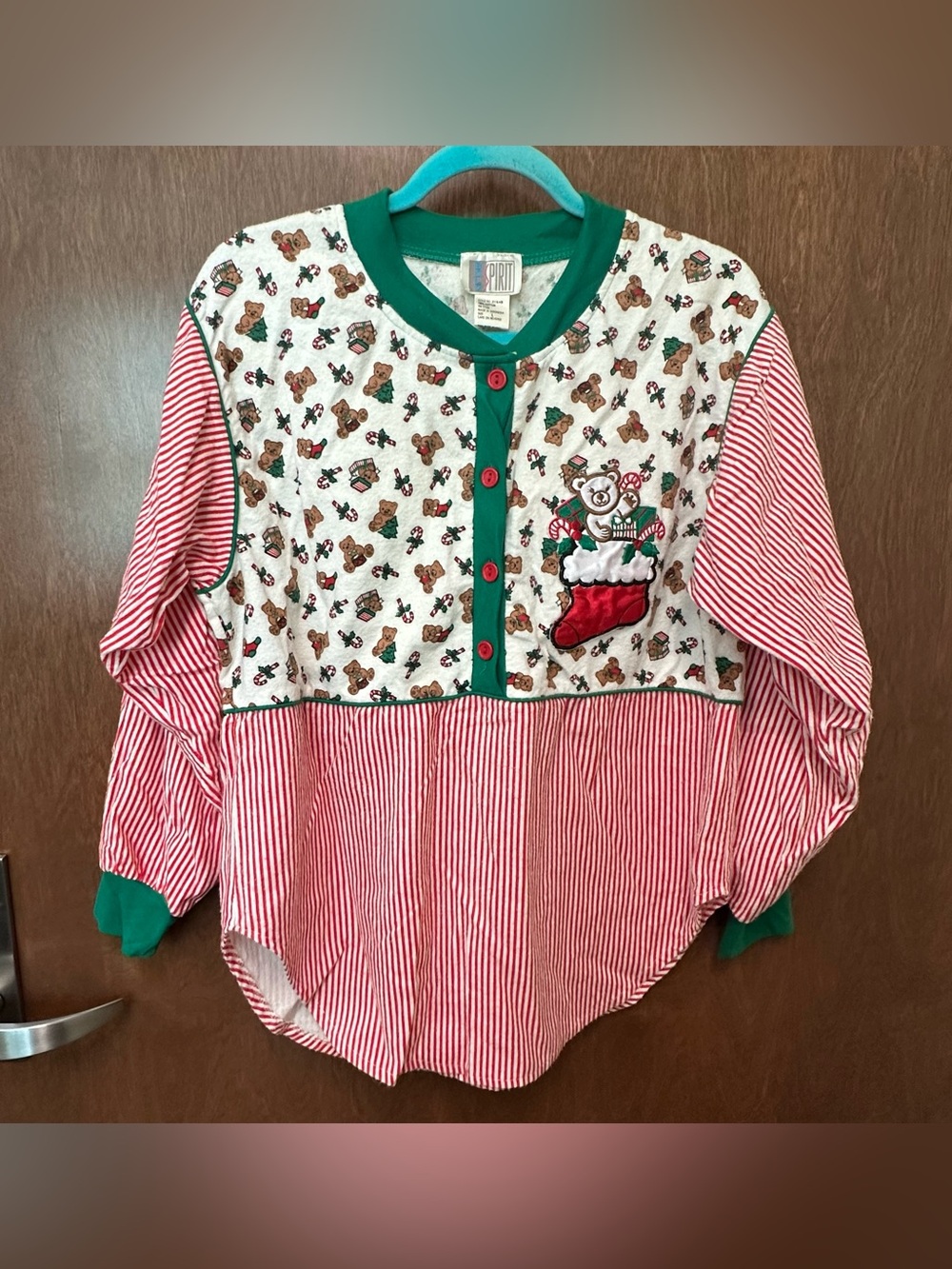 Vintage 80s Bold Spirit Christmas Henley Size L Long Sleeve Flannel Retro Soft